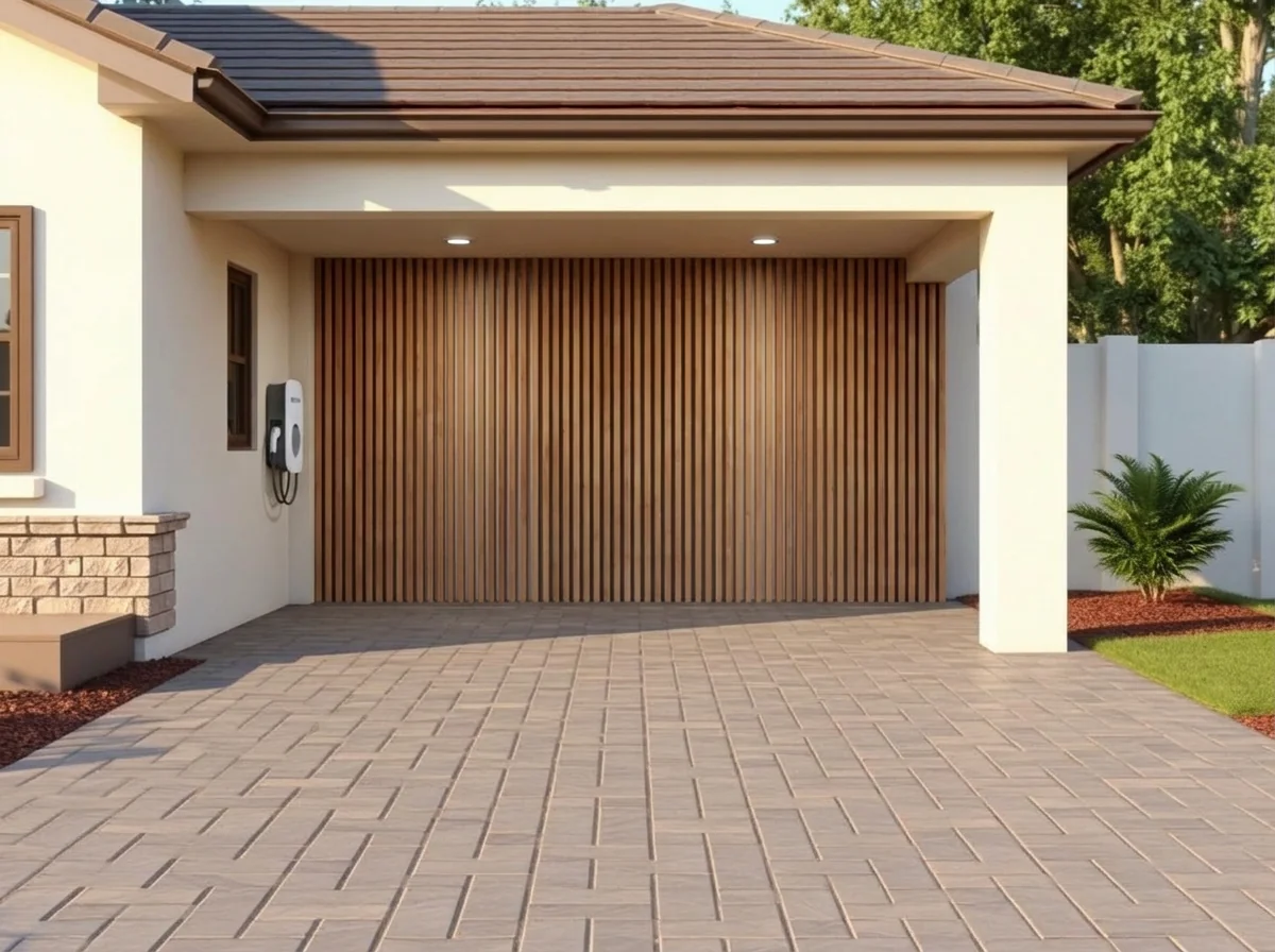 Carport with a timber slat screen, recessed downlights and an EV charger after AI Add / Replace Features