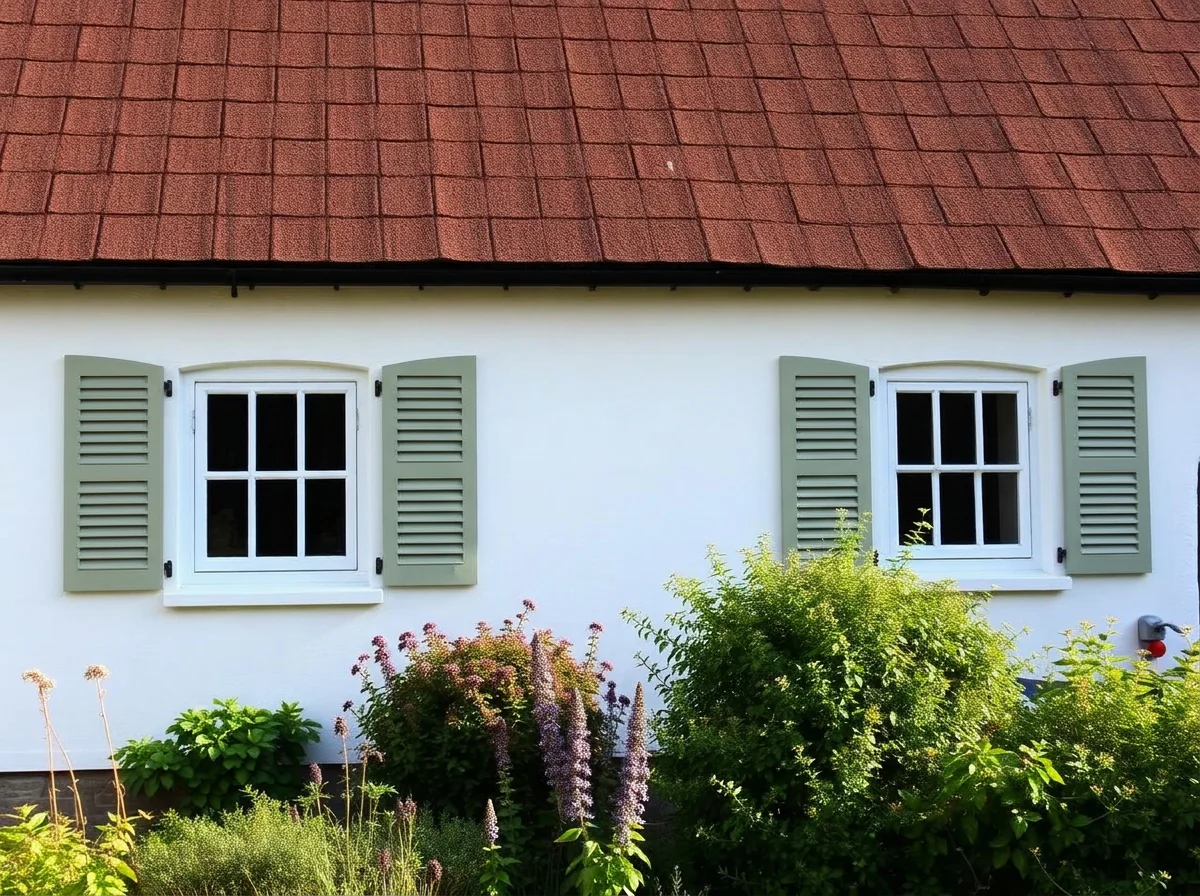 Cottage facade with sage green louvred timber shutters after AI Add / Replace Features