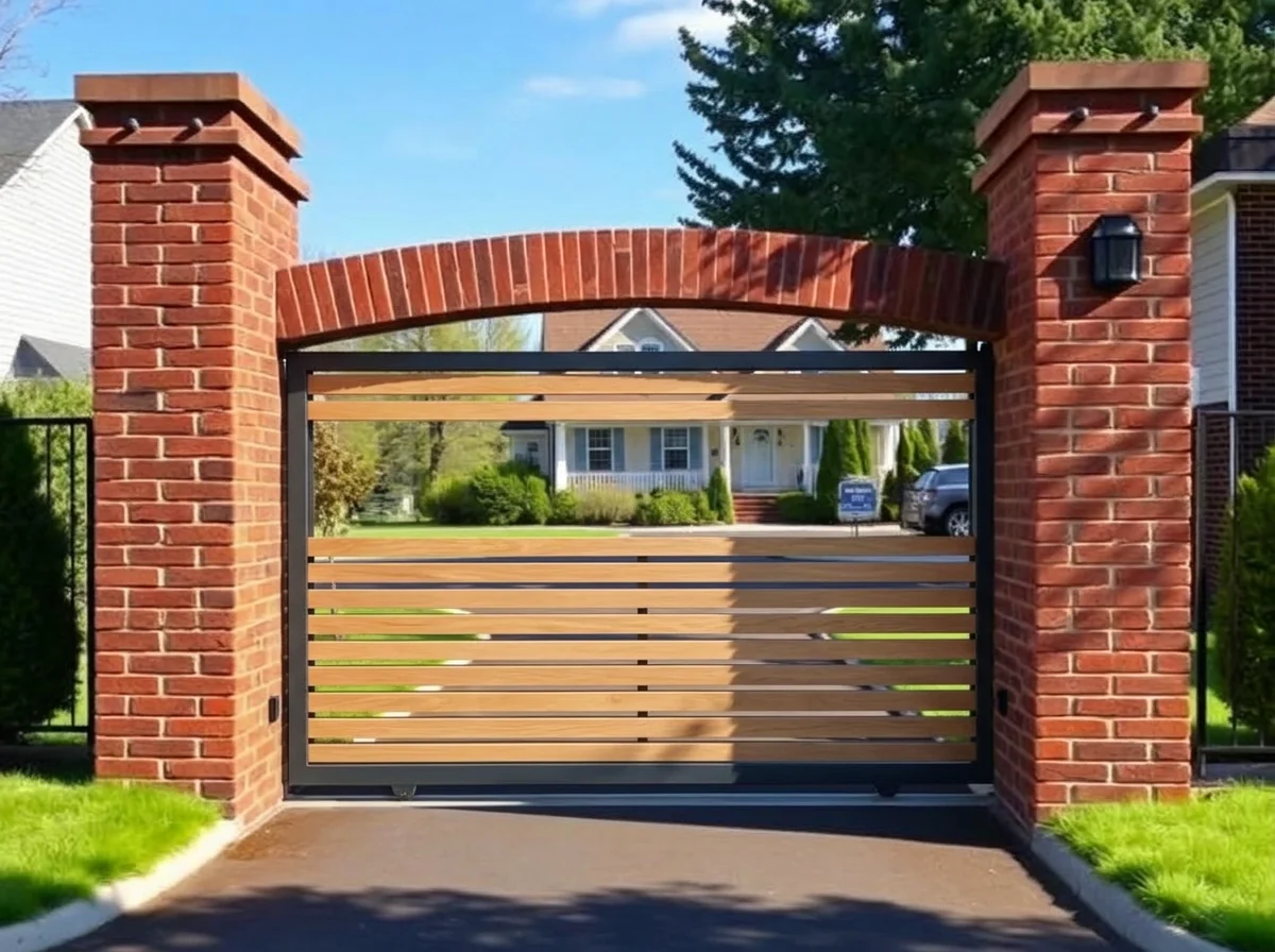 Driveway entrance with an oak slatted sliding gate after AI Add / Replace Features