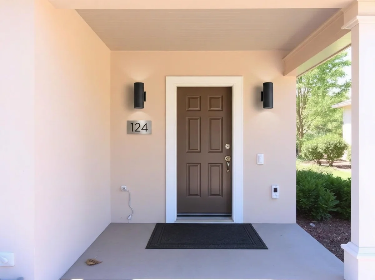 Front entrance with matte black wall sconces and a house number plaque after AI Add / Replace Features
