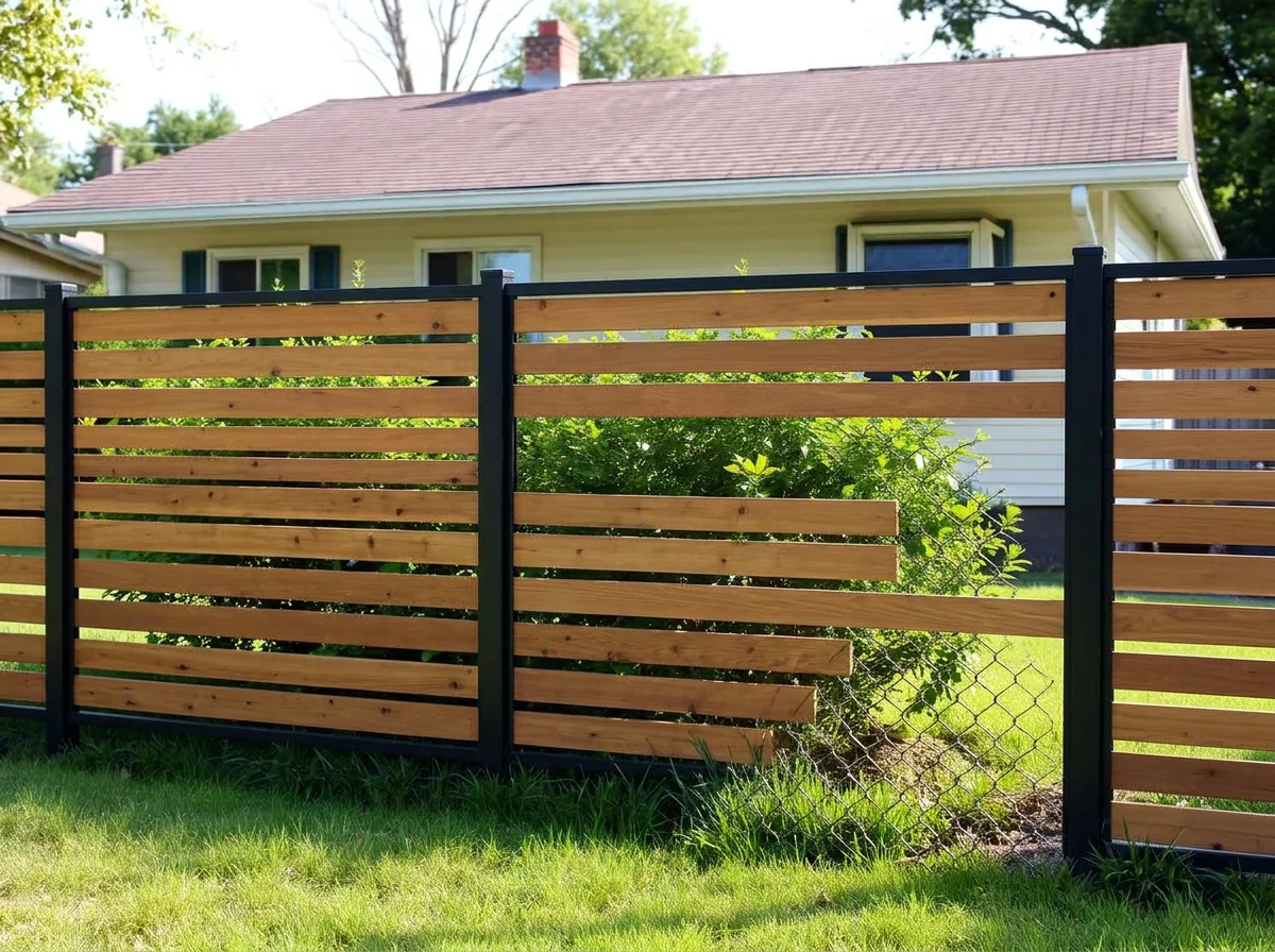 Garden bordered by a horizontal cedar slat fence after AI Add / Replace Features