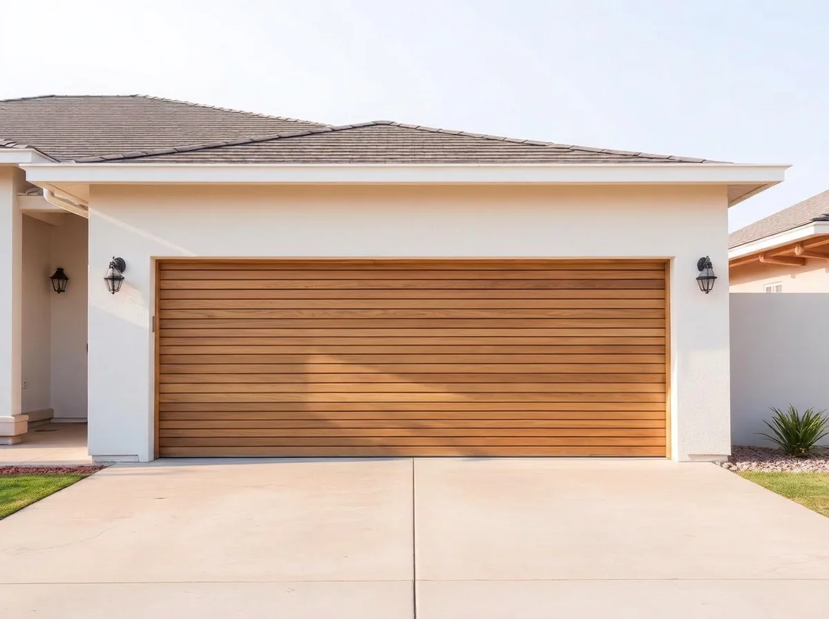 Home with a horizontal oak slatted garage door after AI Add / Replace Features