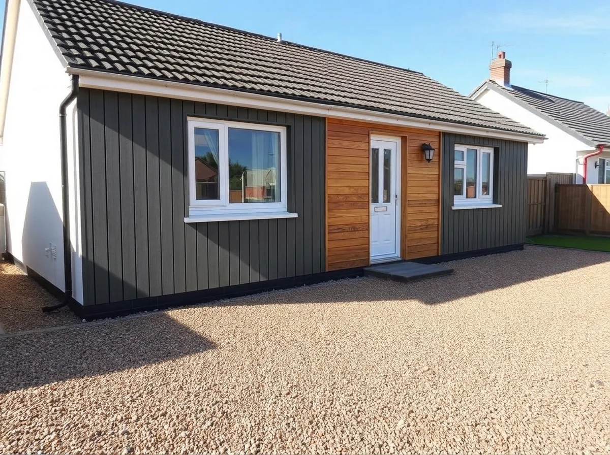 House facade with charcoal fibre-cement panels and timber accents after AI Add / Replace Features