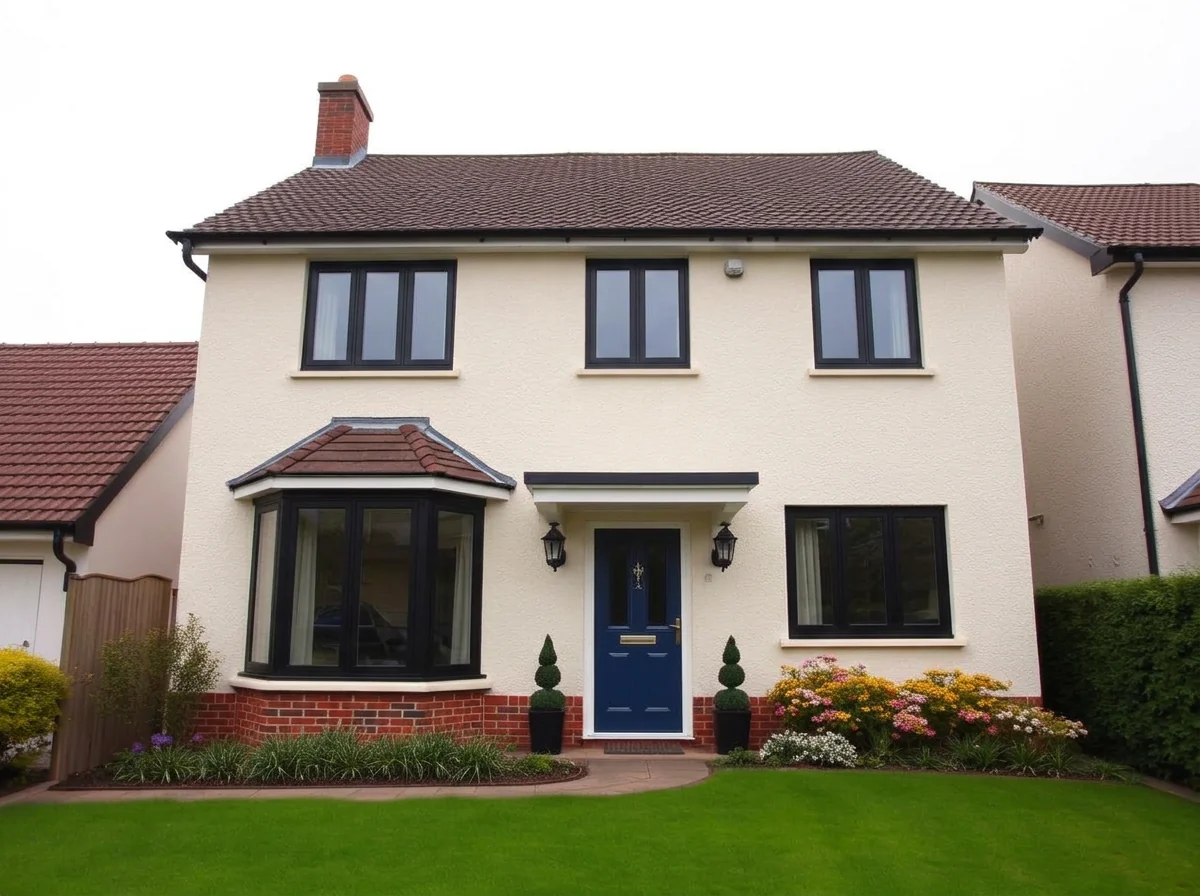 House facade with slim matte black aluminium window frames after AI Add / Replace Features