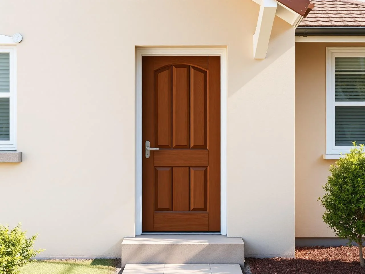 Suburban house with a dated wooden front door before AI Add / Replace Features