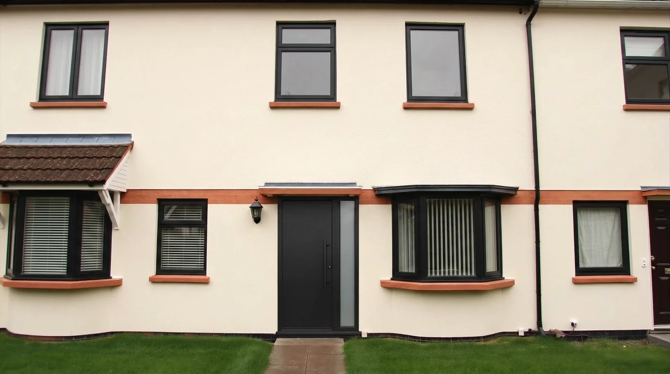 Townhouse facade with black aluminium window frames added by AI Add / Replace Features