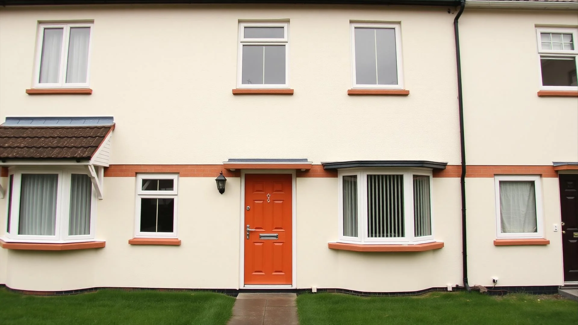 Townhouse facade with a dated door and white PVC windows before AI Add / Replace Features