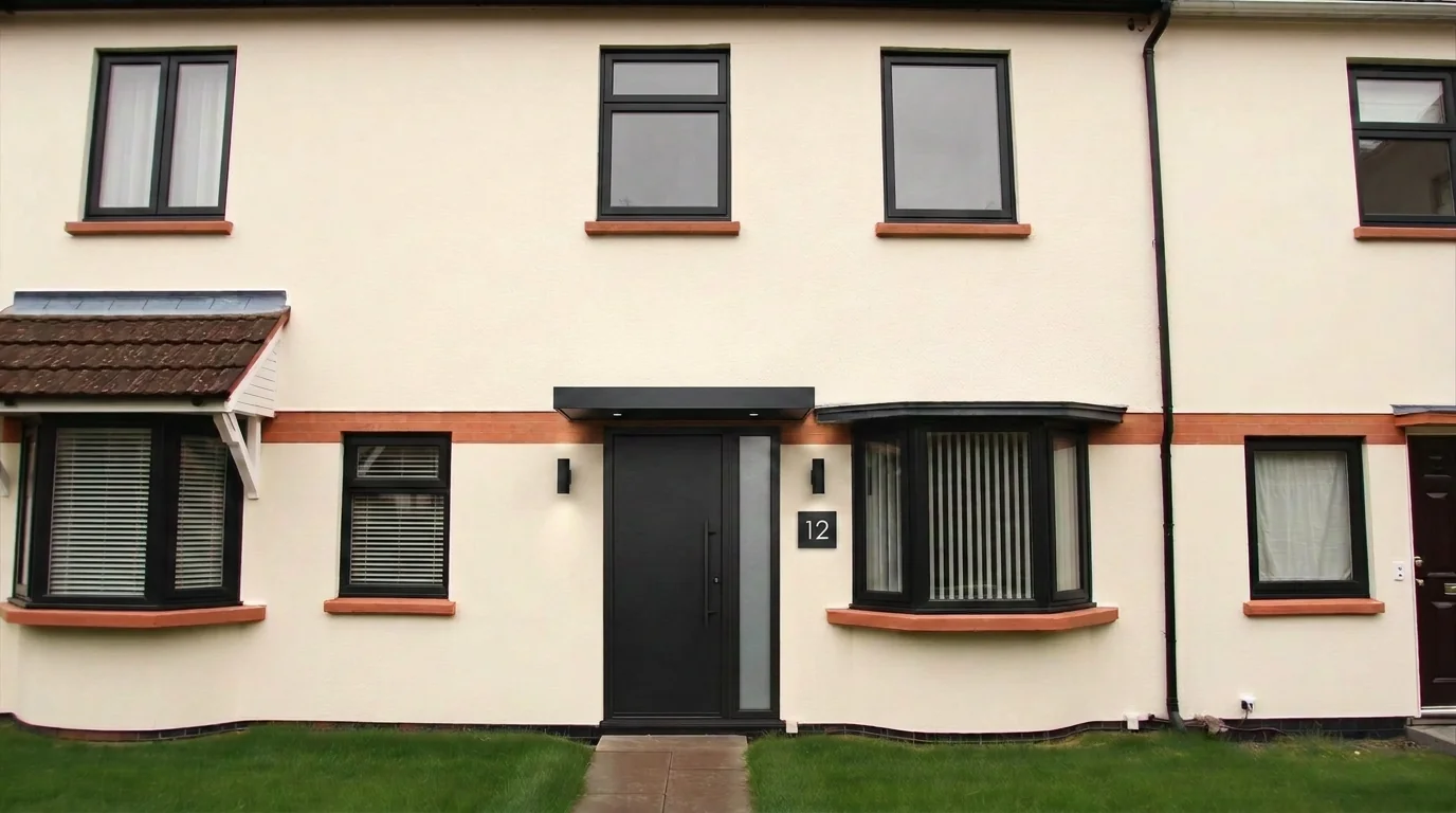 Townhouse facade with a new door, window frames, canopy and lighting after AI Add / Replace Features