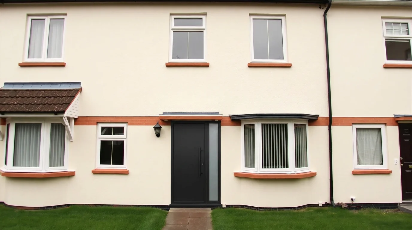 Townhouse facade with a new matte black front door added by AI Add / Replace Features