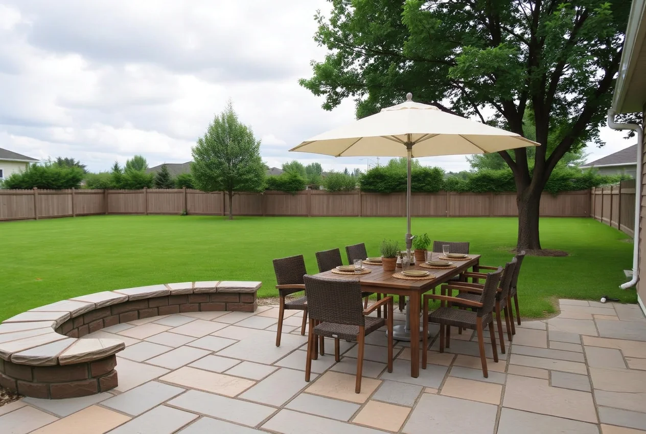 Patio furnished with an outdoor dining table and chairs after AI Add / Replace Items
