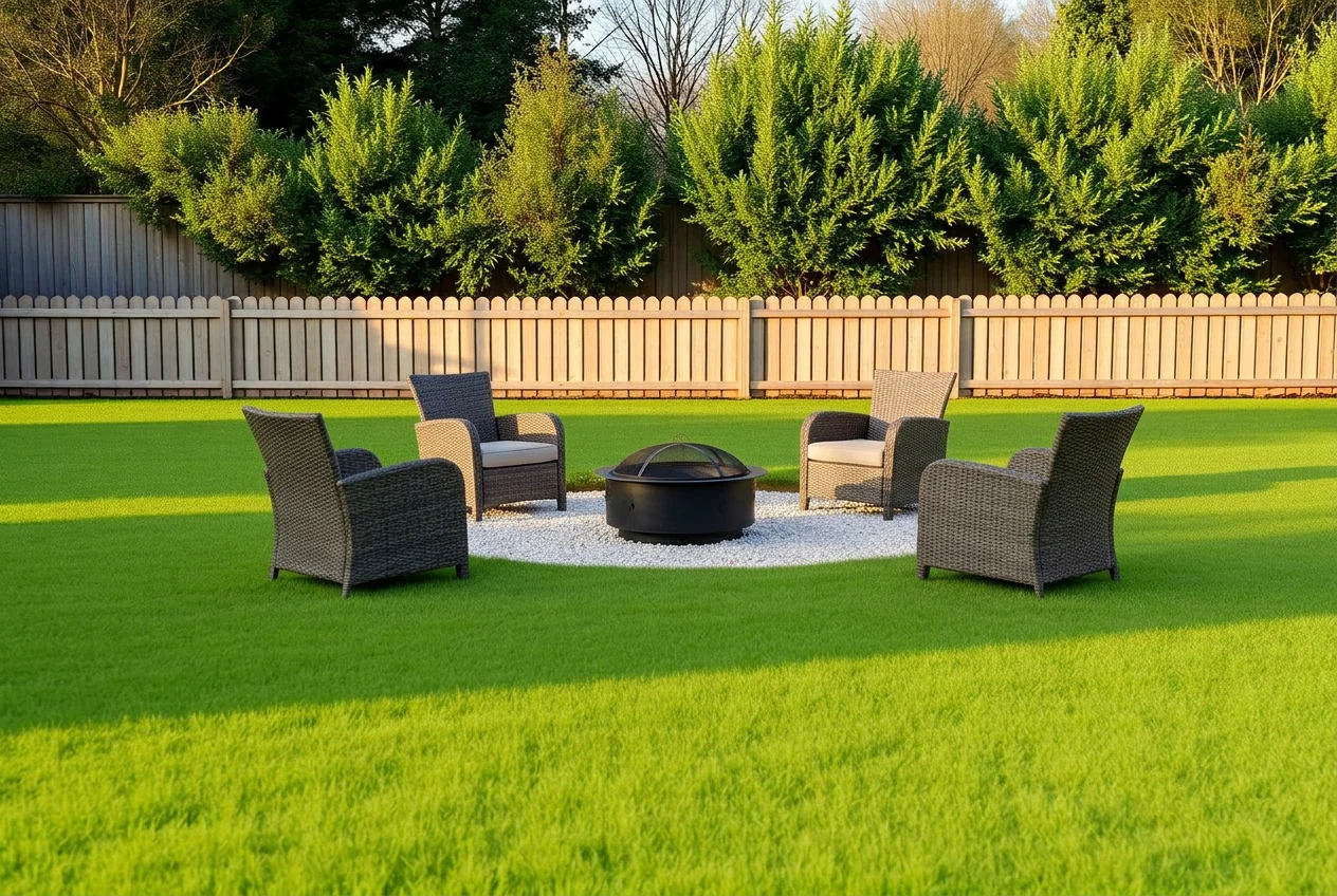Gravel circle furnished with a fire pit and armchairs after AI Add / Replace Items