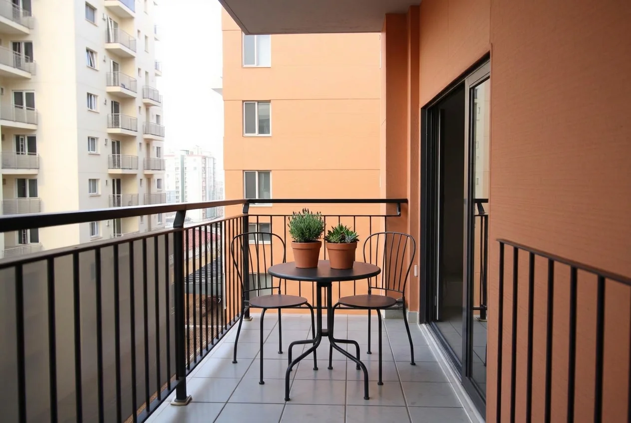 Balcony furnished with a compact bistro set and planters after AI Add / Replace Items