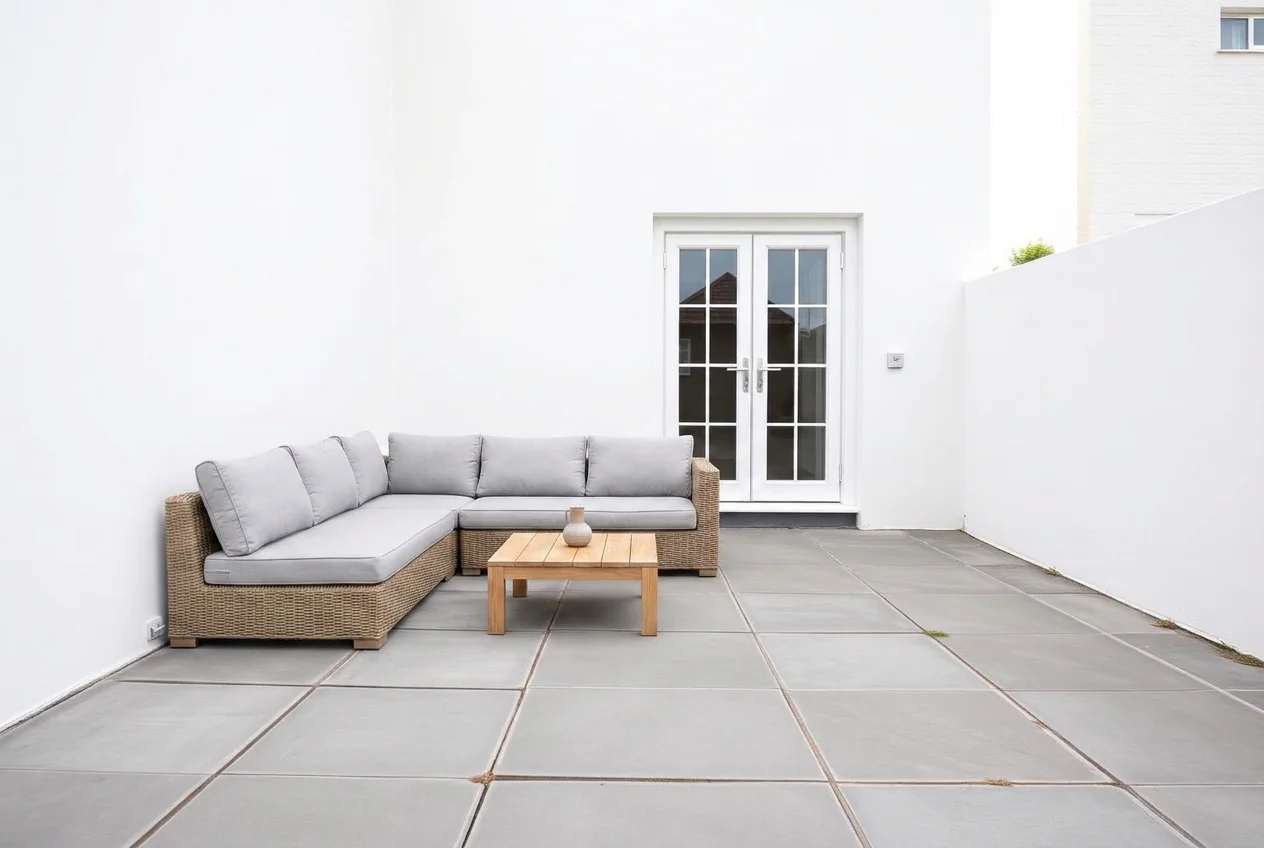 Patio furnished with an outdoor lounge set and planters after AI Add / Replace Items