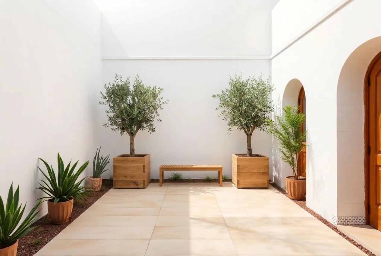 Courtyard furnished with seating, planters and lighting after AI Add / Replace Items