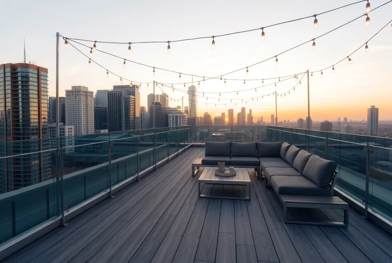 Rooftop terrace furnished with a lounge set and warm lighting after AI Add / Replace Items