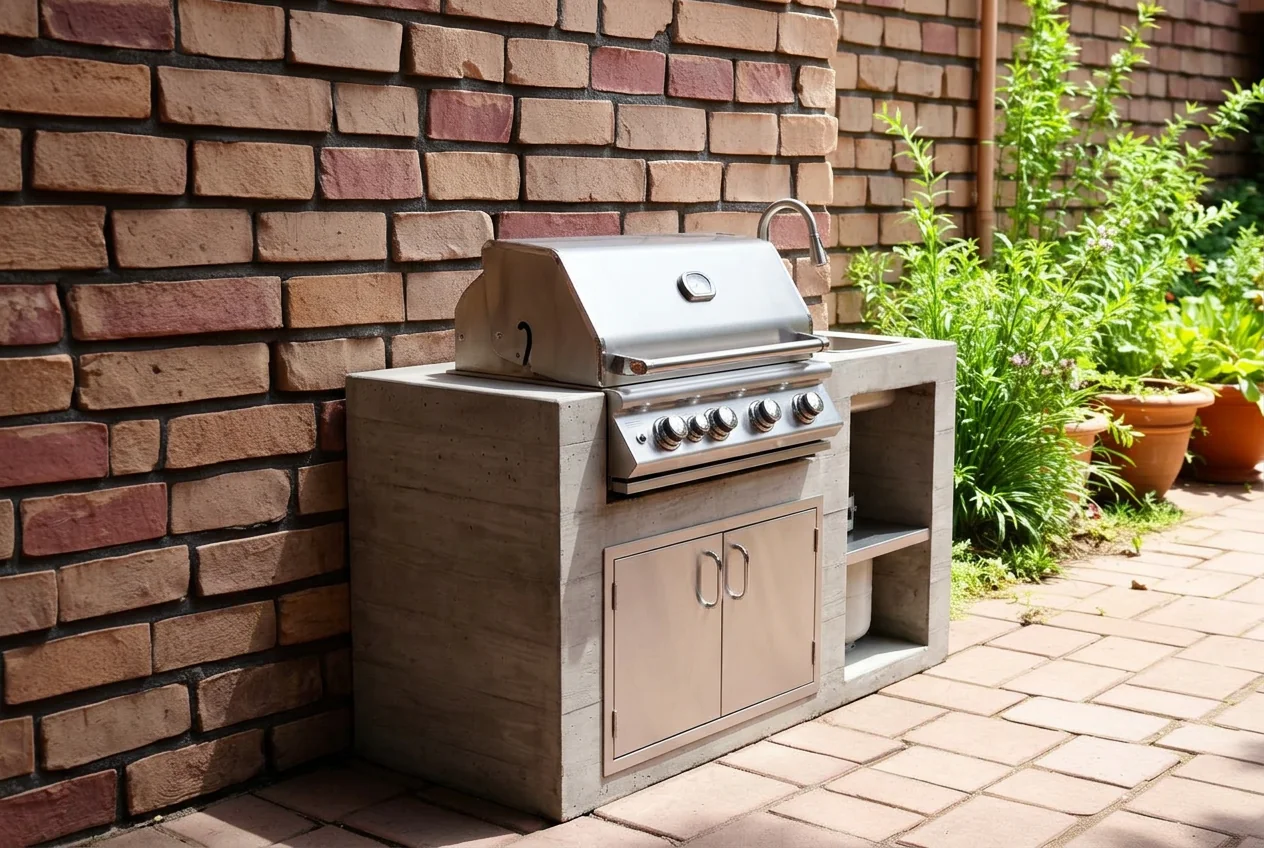 Patio corner with the grill replaced by a modern outdoor kitchen after AI Add / Replace Items
