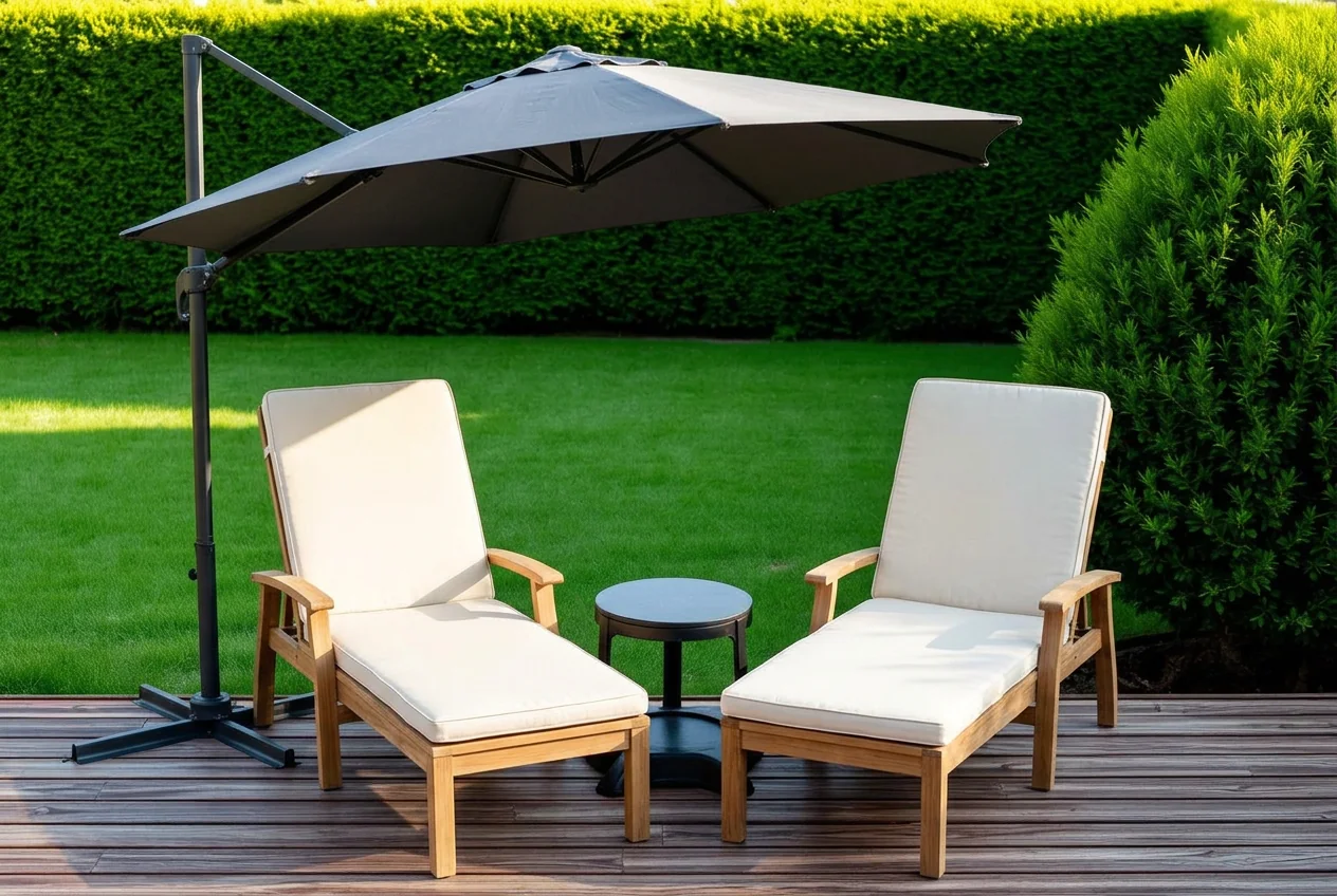 Deck restyled with new seating, parasol and accessories after AI Add / Replace Items