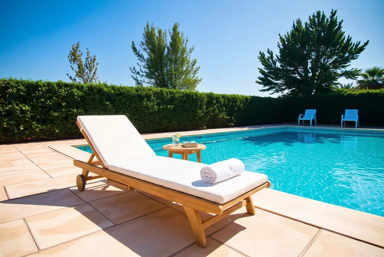 Pool deck restyled with designer sun loungers and side tables after AI Add / Replace Items
