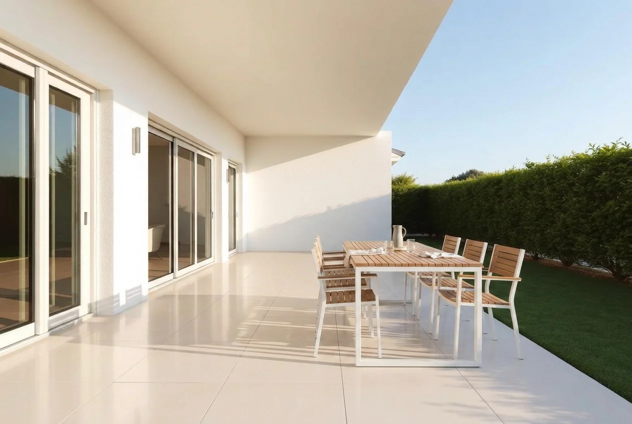 Terrace with an outdoor dining table and chairs added by AI