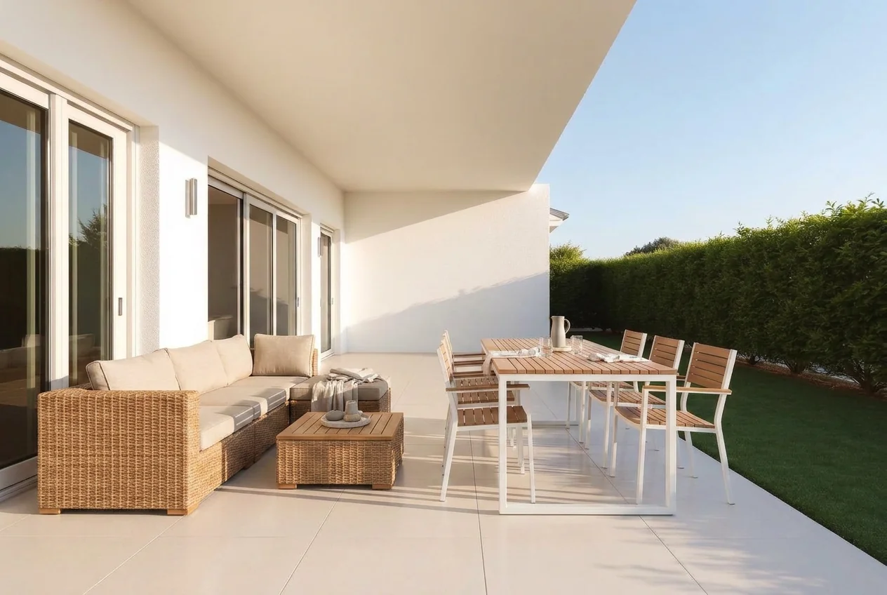 Terrace with a rattan lounge sofa and coffee table added by AI
