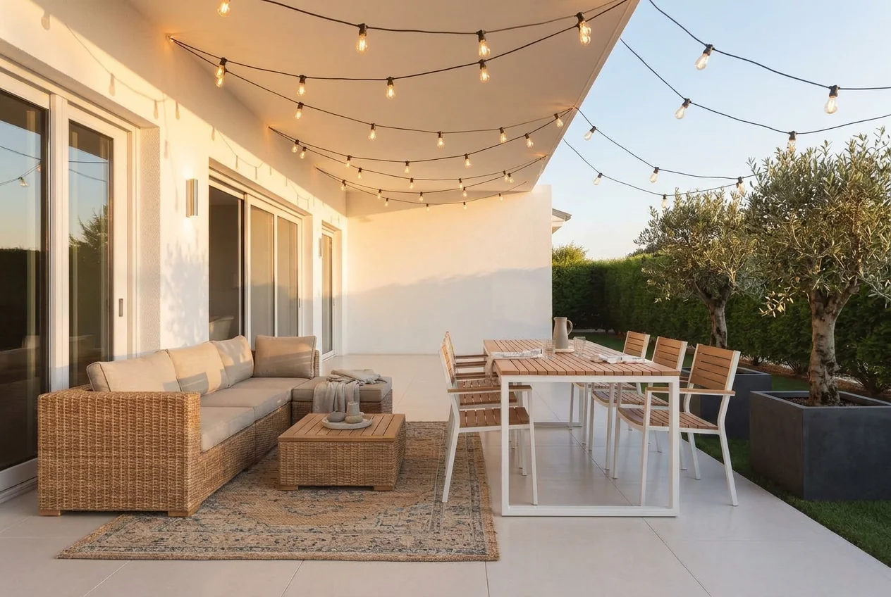 Terrace finished with planters, an outdoor rug and string lights