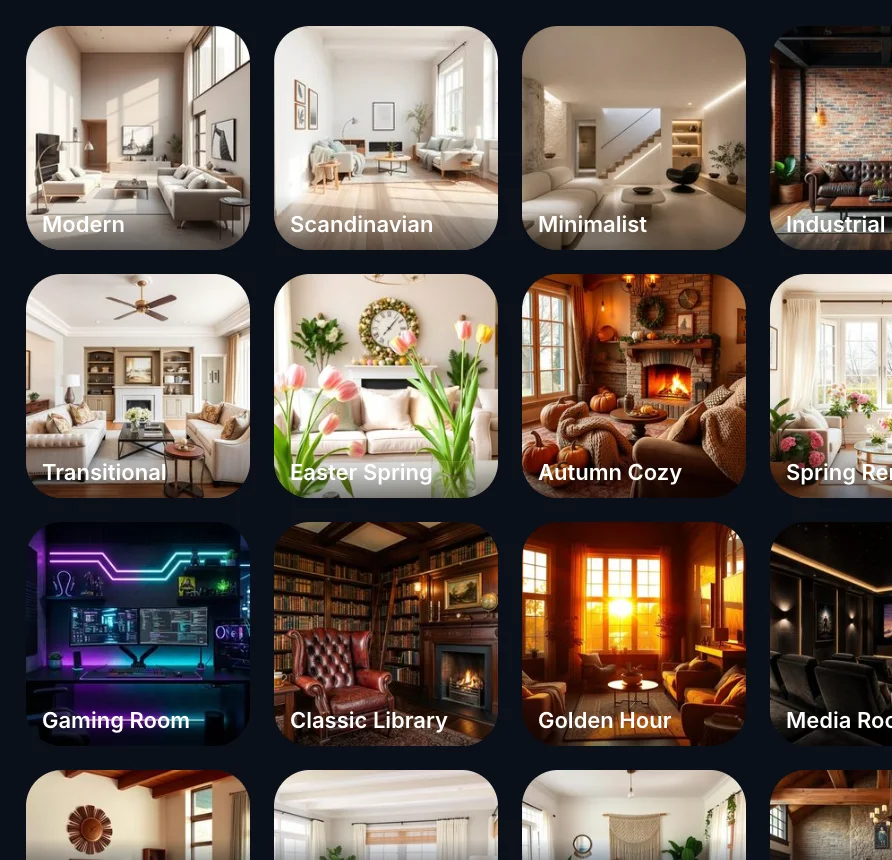 AI interior redesign styles and room theme presets gallery.