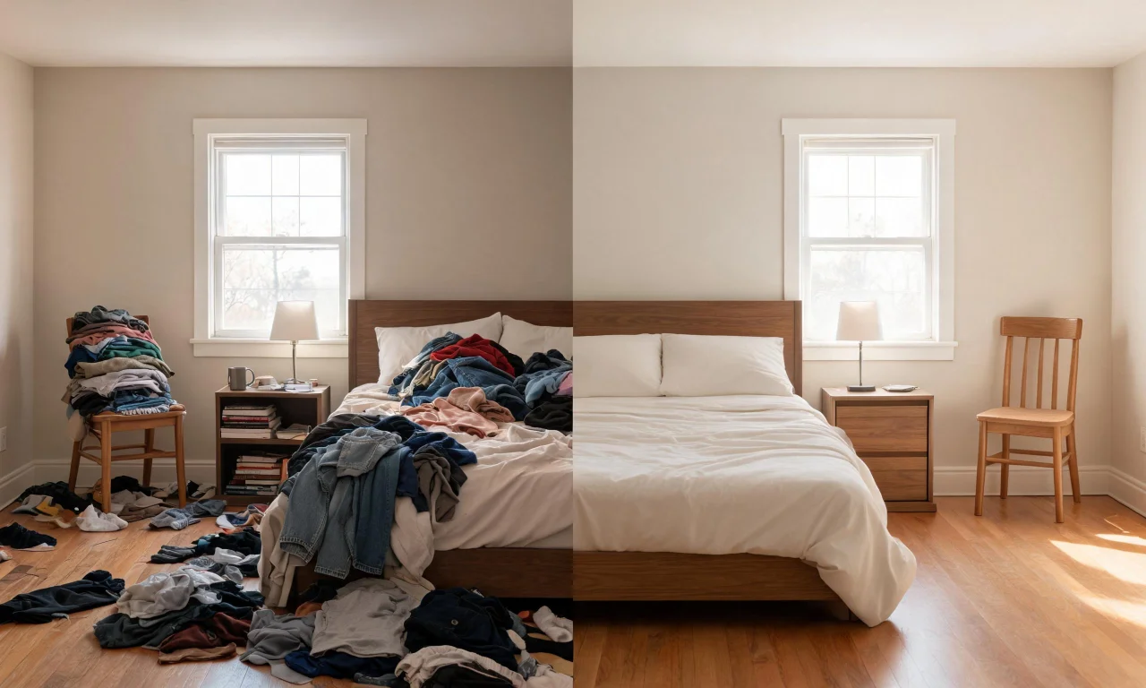 A small bedroom photo showing scattered clothes and clutter on one side, transitioning to a clean, decluttered version on the other side of the same room.