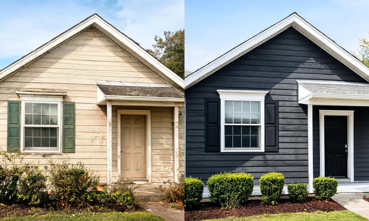 A small home facade shown before with dated exterior finishes, and after with a redesigned color scheme and updated siding using vividoo's tool.