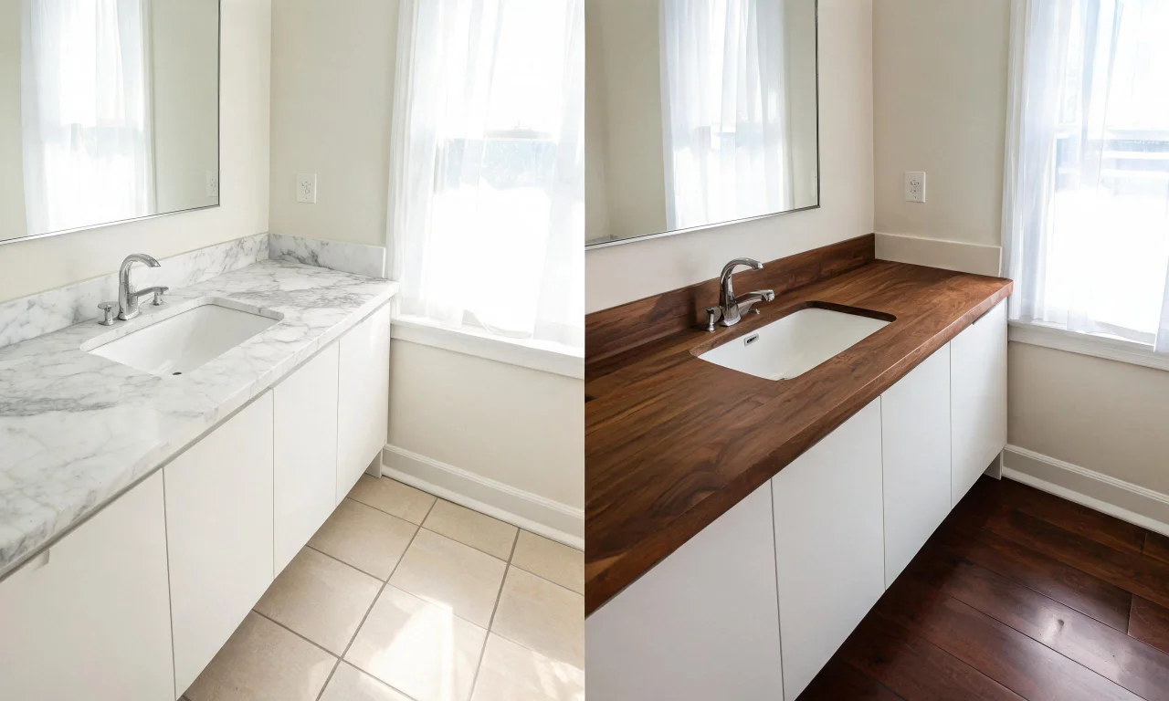 A small kitchen or bathroom image split to show two different material finish options, such as flooring or countertop textures, applied to the same space.