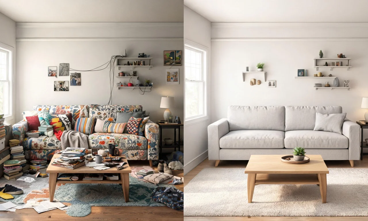 Before-and-after split image of a small furnished living room, showing original cluttered styling versus a redesigned version with cohesive color palette and st