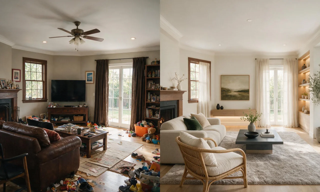Before-and-after split image showing a cluttered living room transformed into a clean, restyled space using an AI room redesign tool.