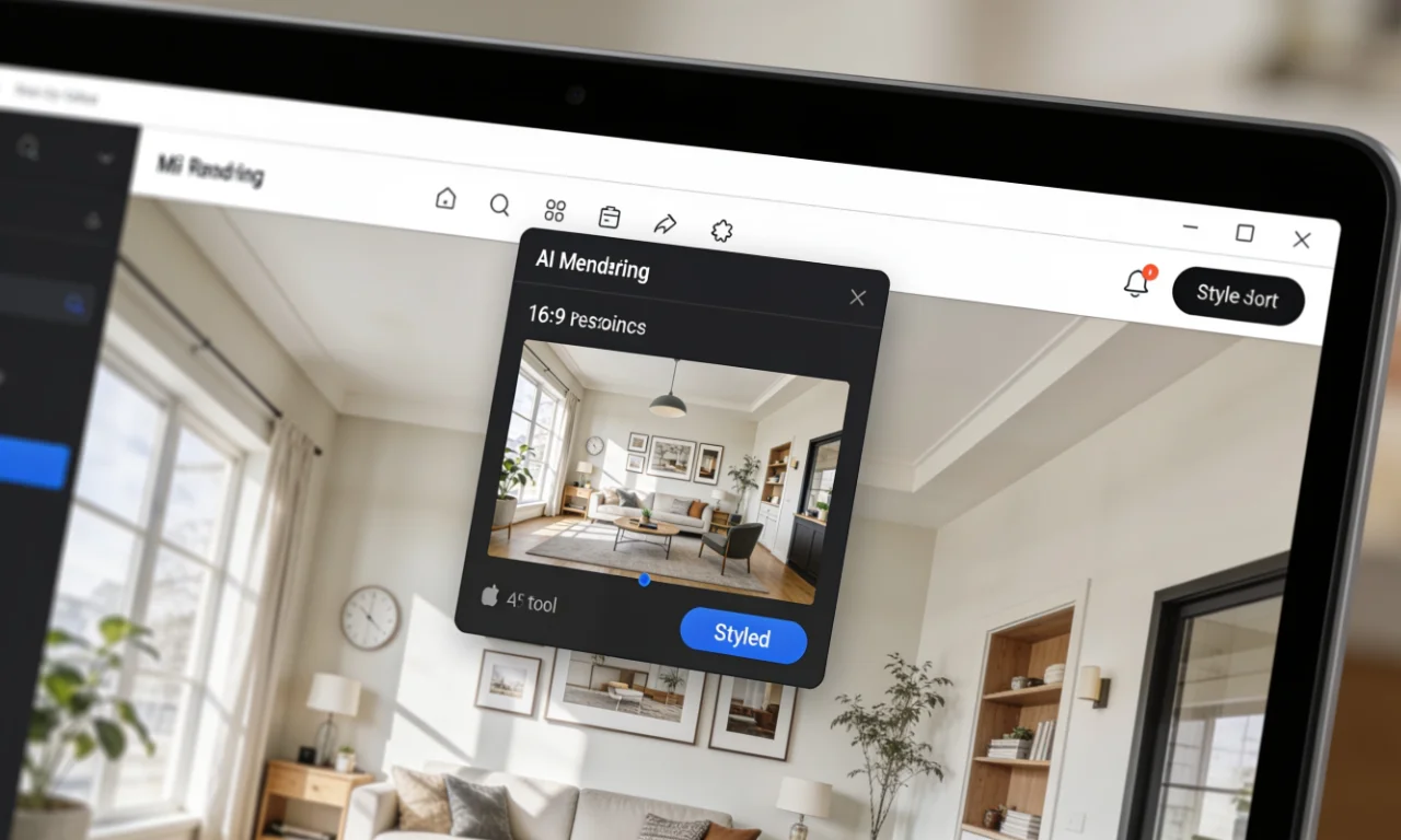 Close-up of a laptop screen mid-render, showing an AI tool processing a room photo into a styled preview.