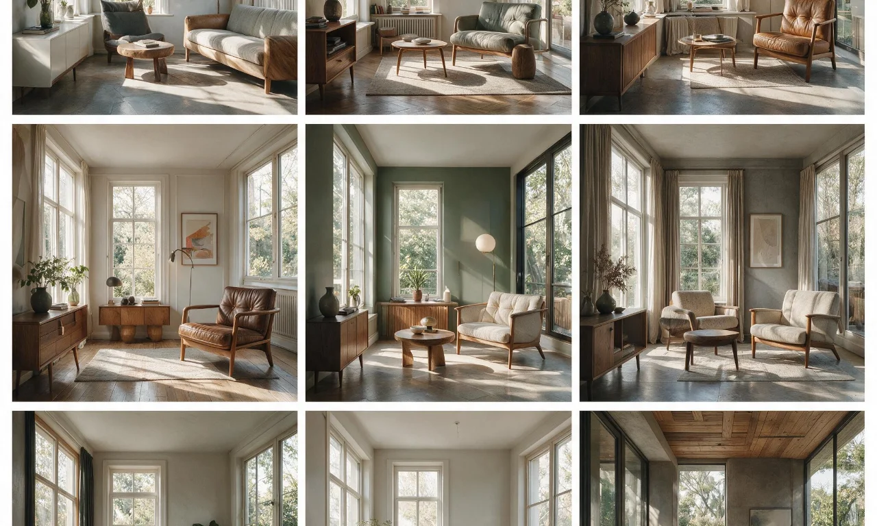 Grid of the same room rendered in several different design styles side by side, illustrating style-comparison workflows.