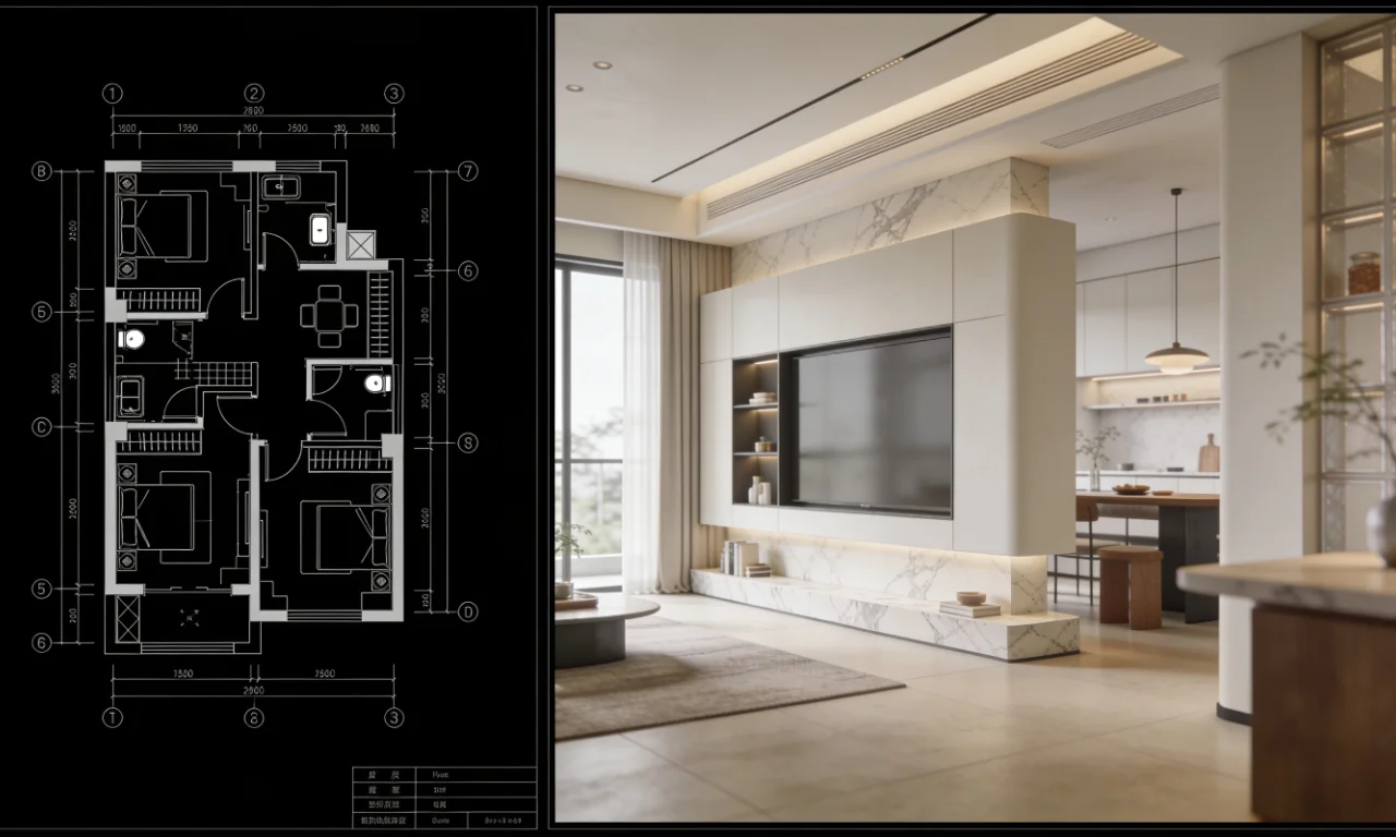 Split-screen view of a floor plan on one side and a matching 3D rendered room on the other, showing a more detailed planning workflow.