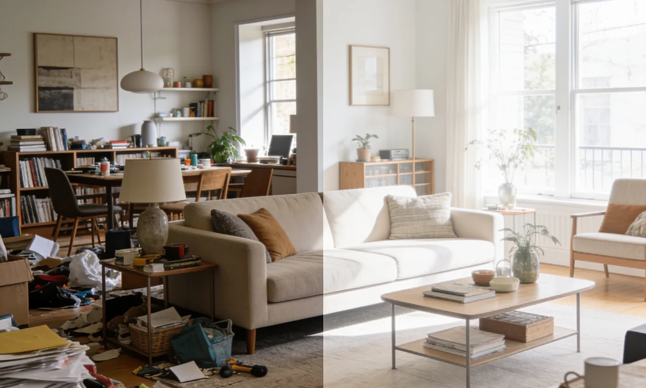 Wide shot of a bright, newly redesigned living room next to the original cluttered photo it was generated from.