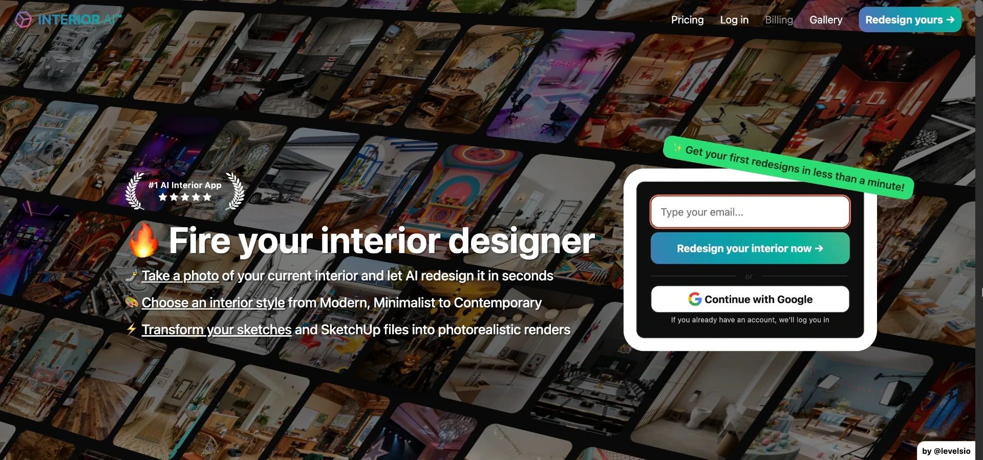 Interior AI's homepage highlights its style-preset gallery, which is the core of its interior-only workflow.