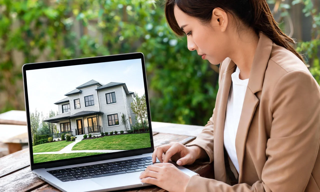 Real estate agent reviewing a redesigned exterior photo on a laptop before a listing goes live.