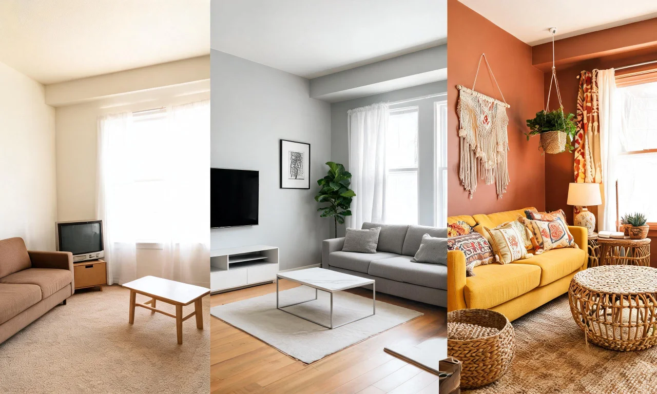 Side-by-side split image showing a before-photo living room and two differently styled AI outputs.