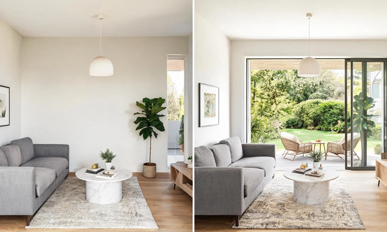 Split comparison graphic contrasting an interior-only preset grid with a full interior-plus-exterior workflow.