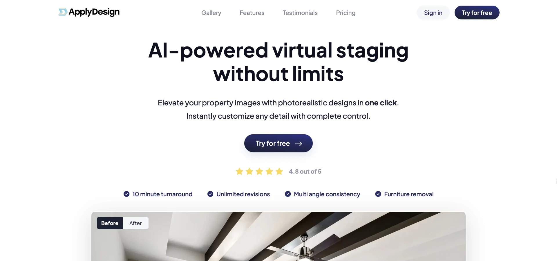 ApplyDesign's homepage highlights its style-transfer approach to furnished room photos, a narrower focus than a full listing-prep suite.