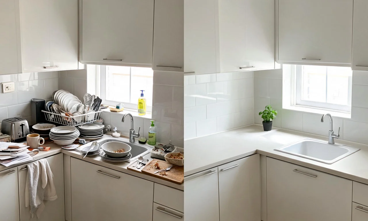 Cluttered kitchen counter before and after virtual decluttering, showing surfaces cleared for a listing photo.