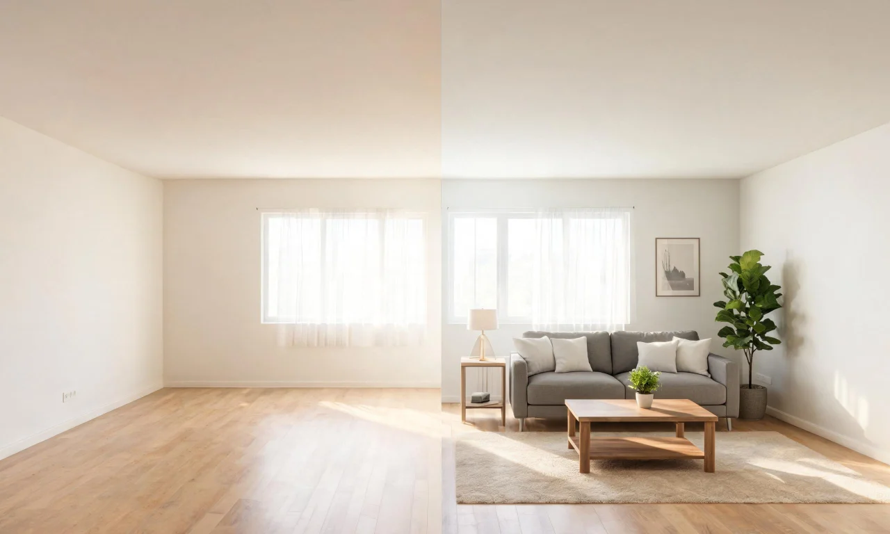 Side-by-side comparison of a vacant living room before and after being furnished with an AI empty room generator.
