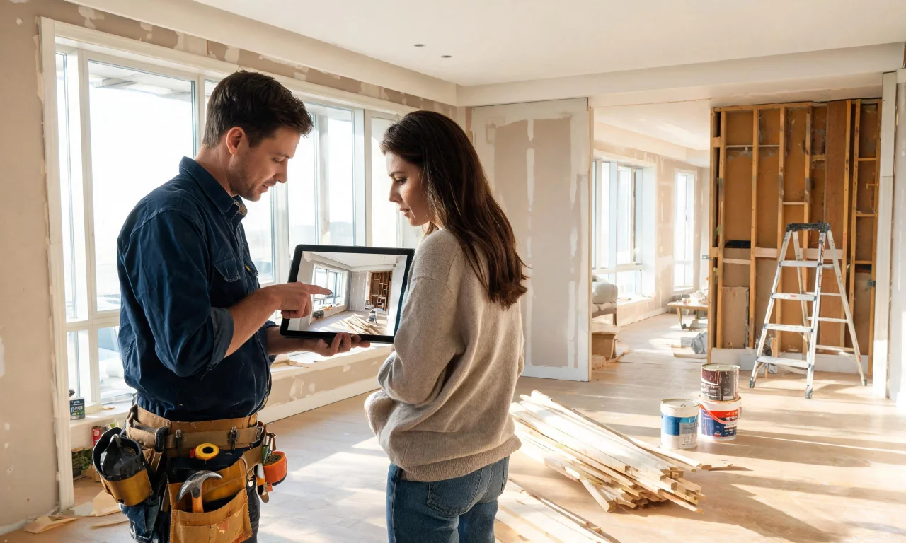 A contractor and homeowner discussing a renovation plan, representing the point where AI previews hand off to real construction work.