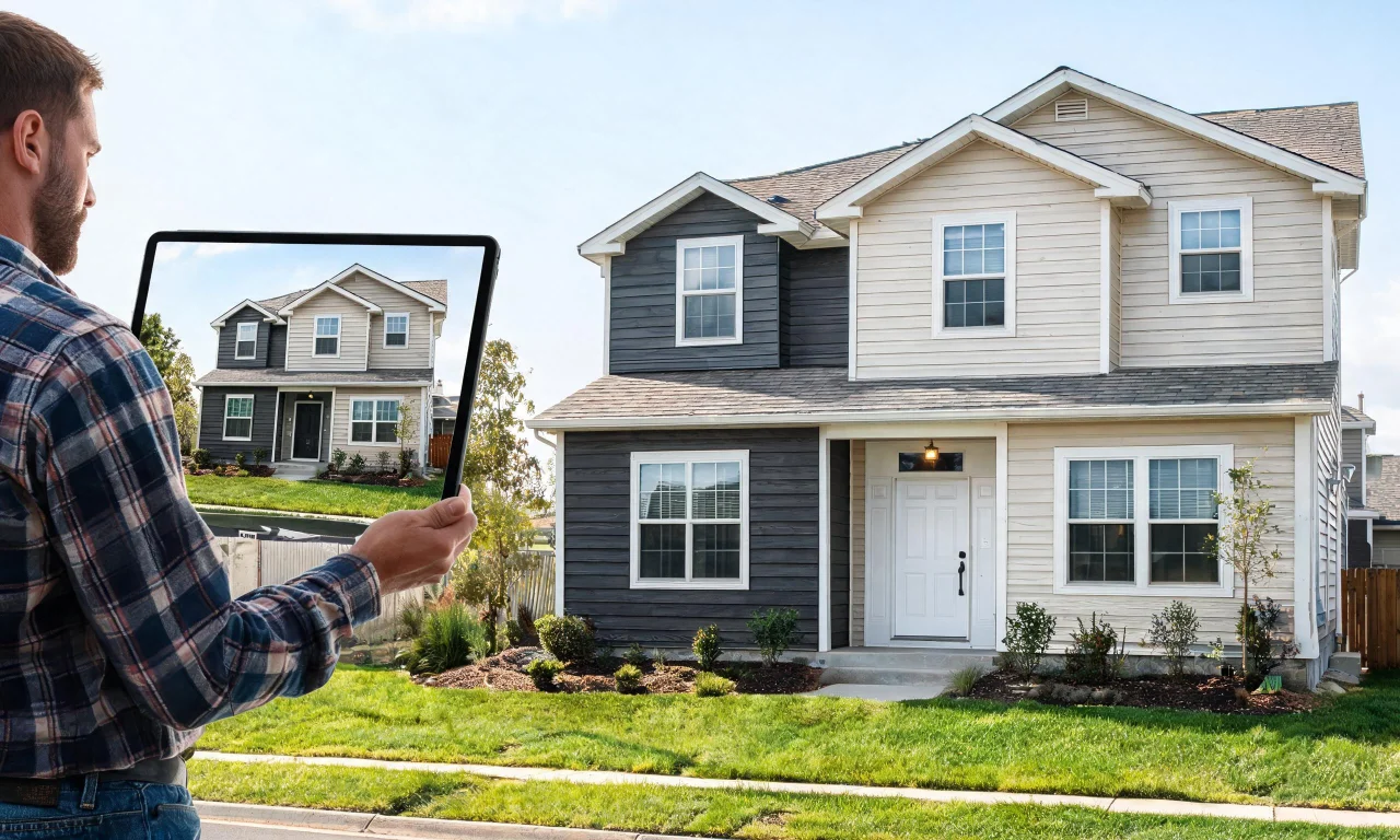 A flipper reviewing an AI-generated exterior restyle on a tablet next to the actual house facade.