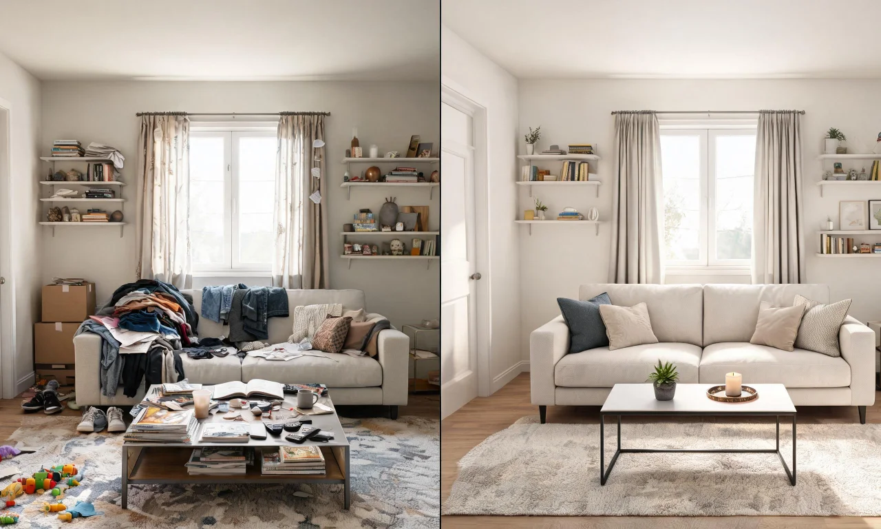 Split-screen comparison of a cluttered living room before and after an AI restyle, illustrating the free exploration stage.