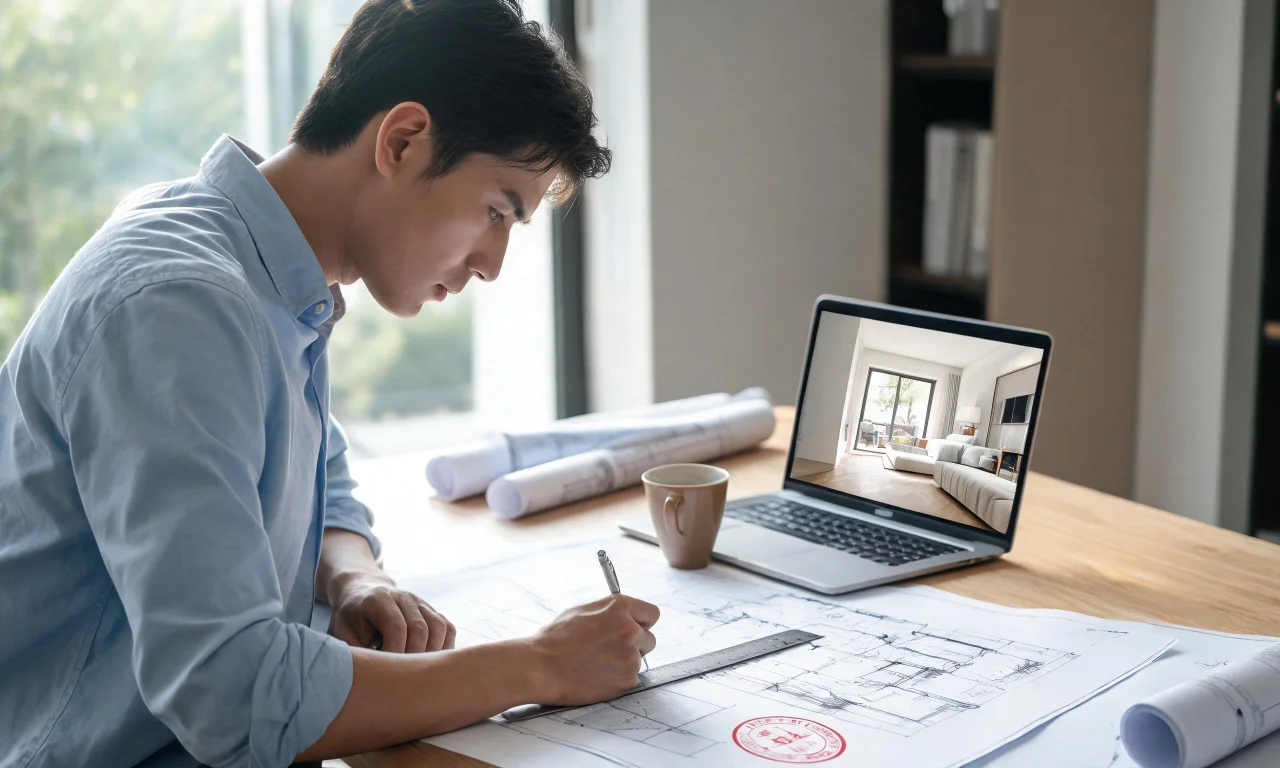 Architect reviewing stamped structural drawings at a desk alongside a laptop showing a renovation photo.