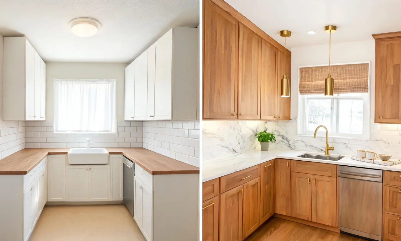 Split-screen comparison of a plain kitchen photo next to an AI-restyled version with new finishes.