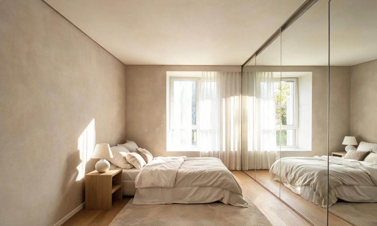 A small bedroom painted in a light neutral tone with a large mirror reflecting window light across the room.