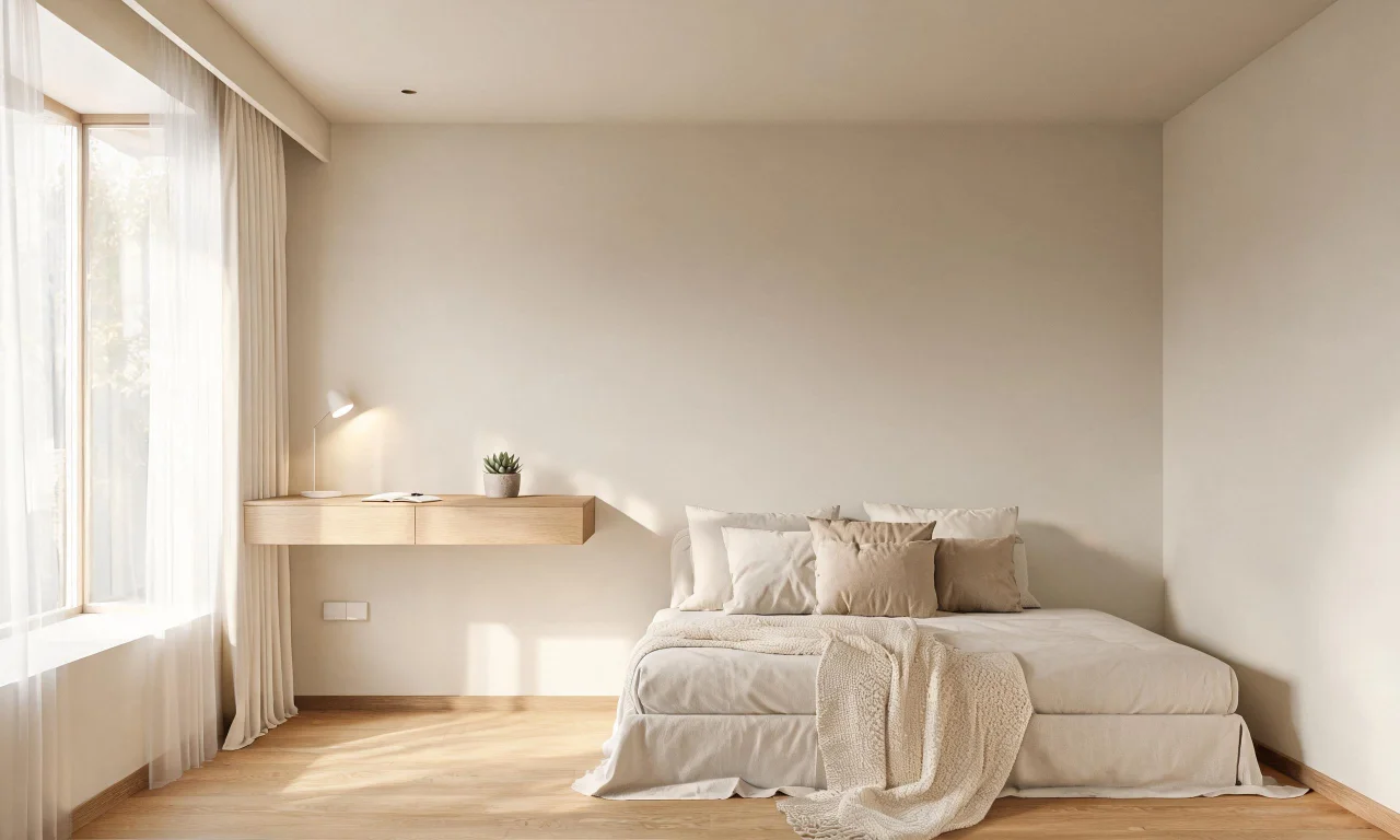 A small studio bedroom nook styled with a daybed, wall-mounted desk and light neutral walls.