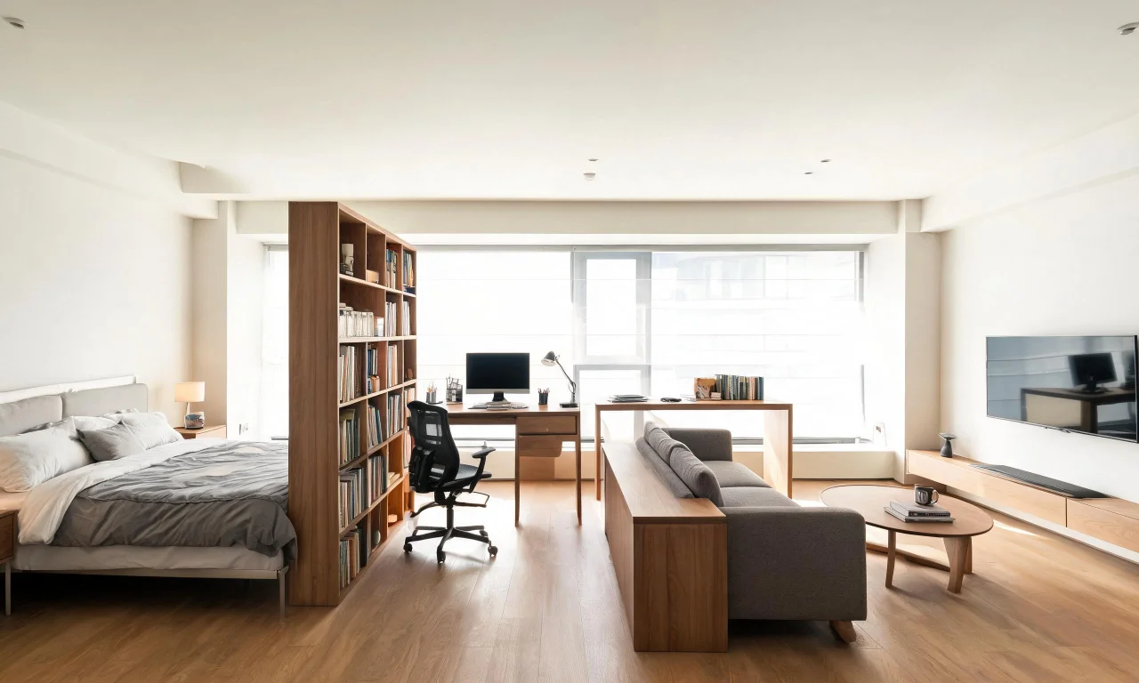 A studio apartment floor plan showing sleep, work and lounge zones separated by furniture rather than walls.